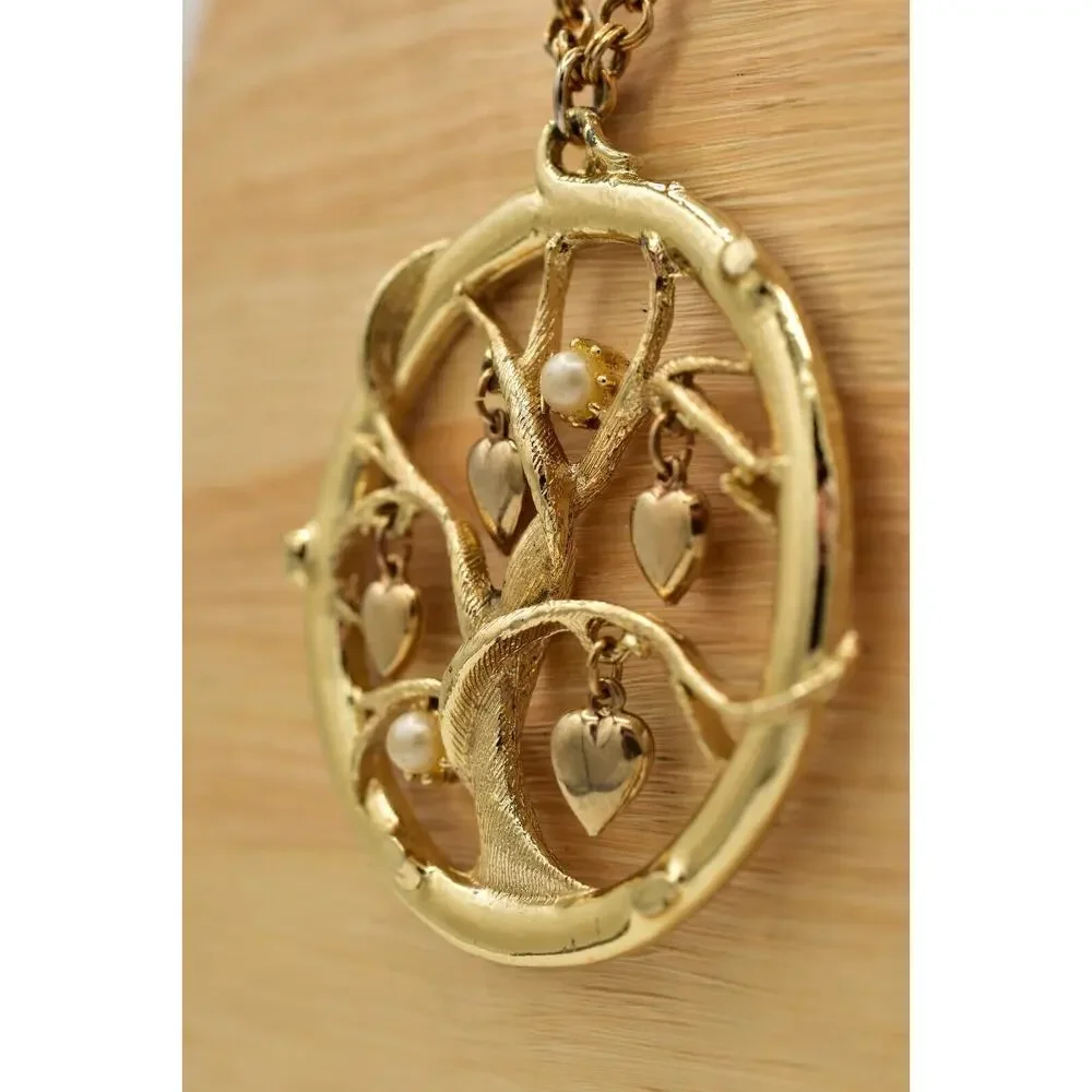 Vintage Tree Heart Pendant Necklace Pearl Charm Gold Tone Chunky 1970s BinBL